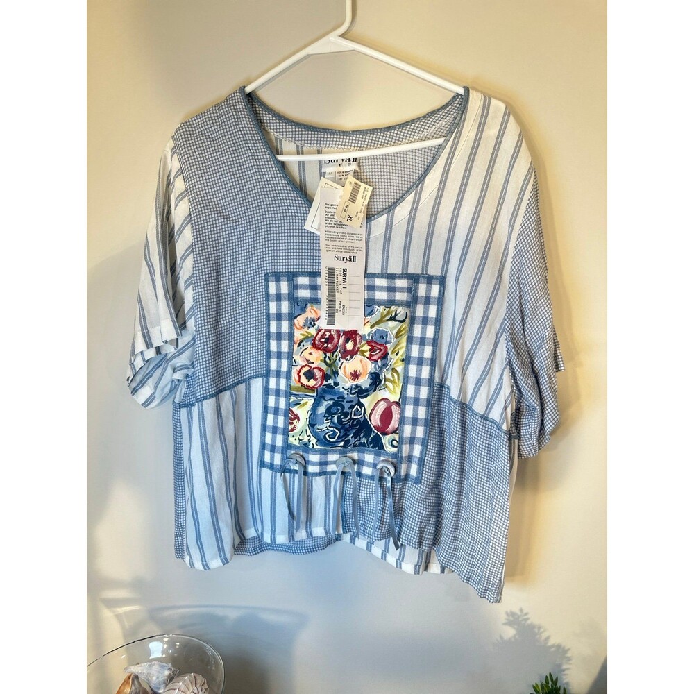 Surya II Colorful Hippie Patchwork Beaded Artsy Whimsical Blouse Woman’s OX